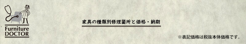 家具の種類別修理箇所と価格／納期